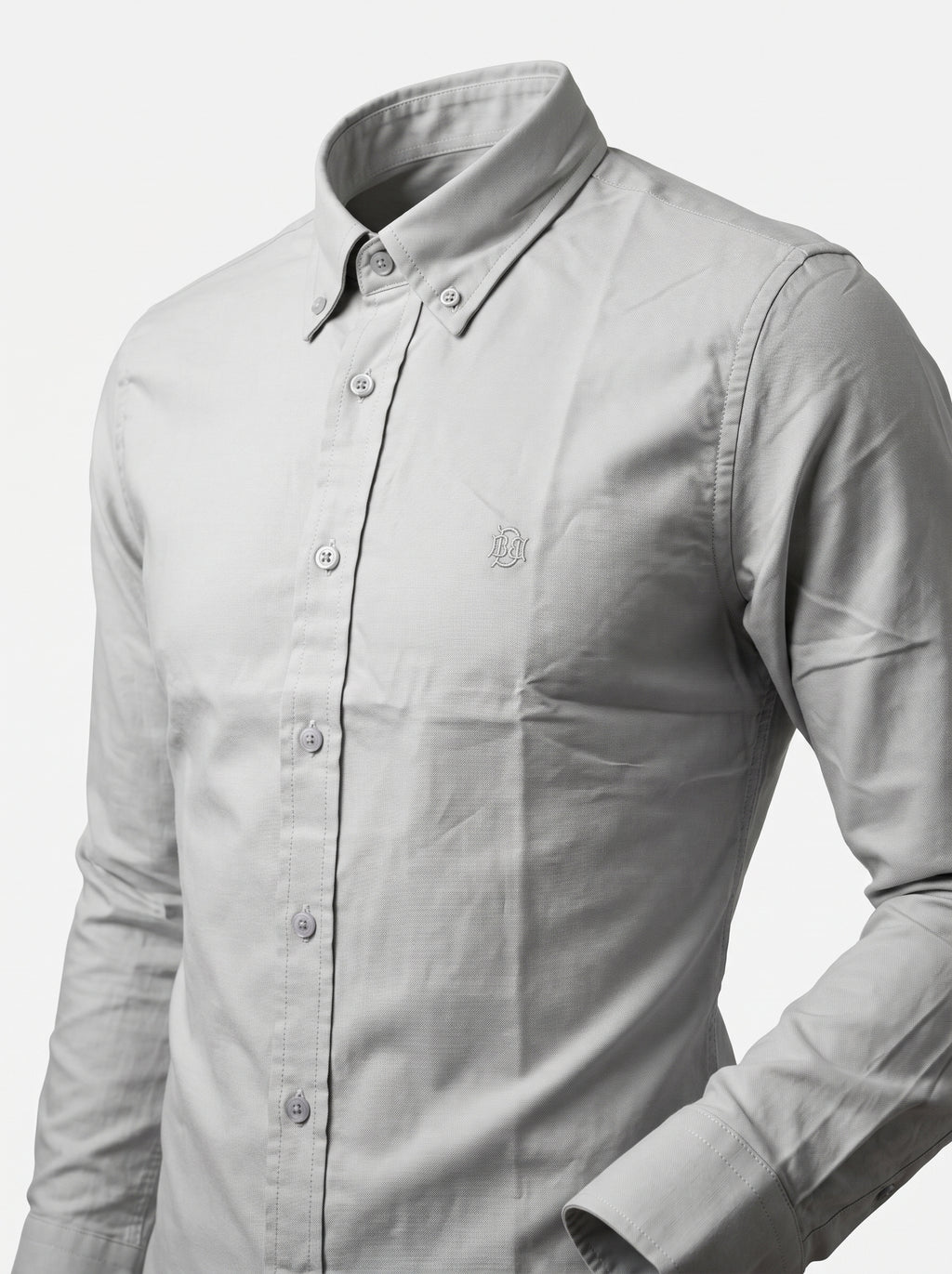 Light grey textured oxford button-up shirt, button-down collar, chest logo