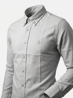 Light grey textured oxford button-up shirt, button-down collar, chest logo