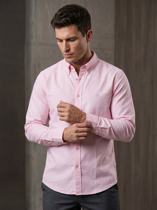 Classic Preppy Light Pink Textured Oxford Shirt with Tonal Monogram