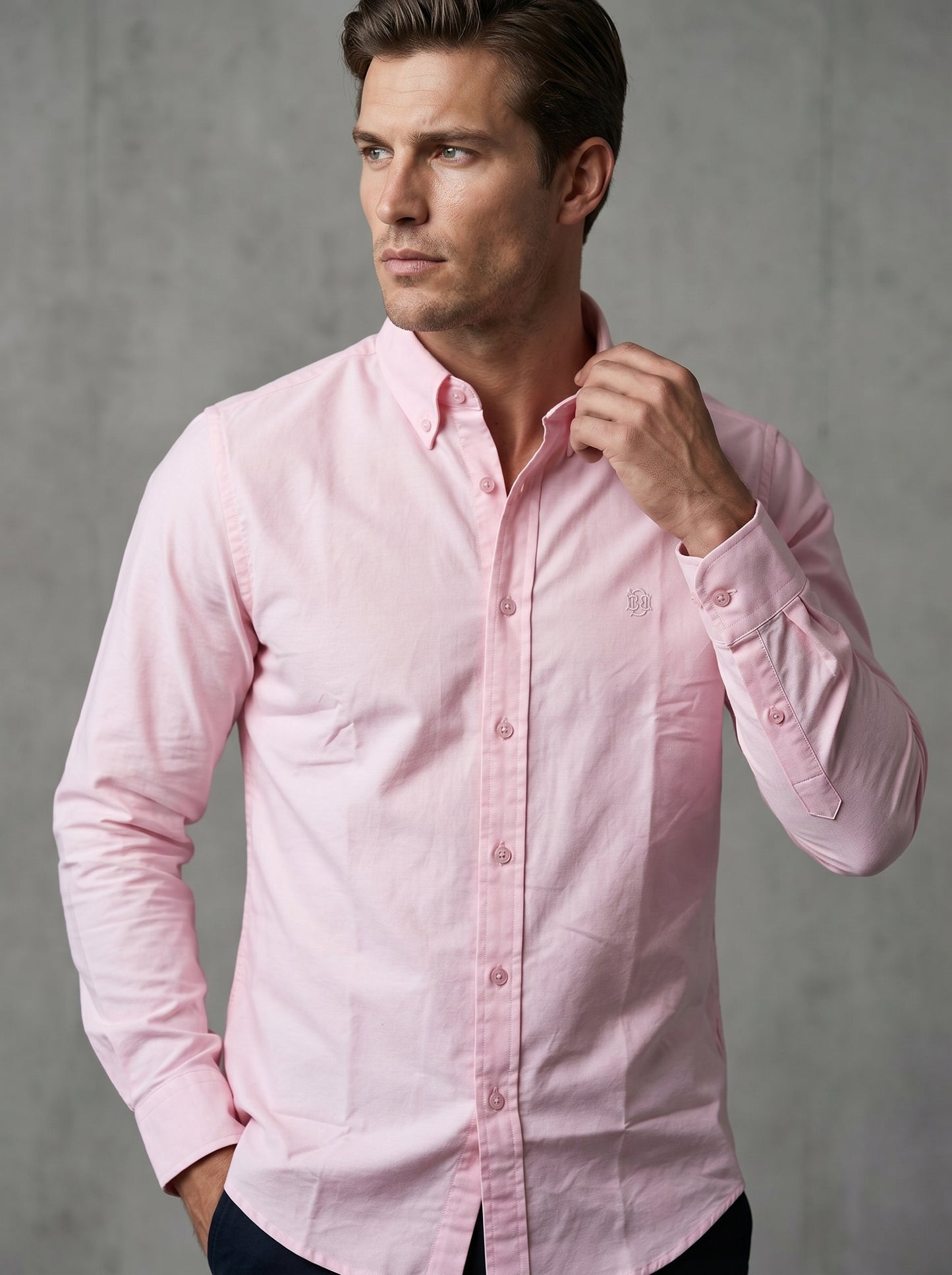 Classic Preppy Light Pink Textured Oxford Shirt with Tonal Monogram