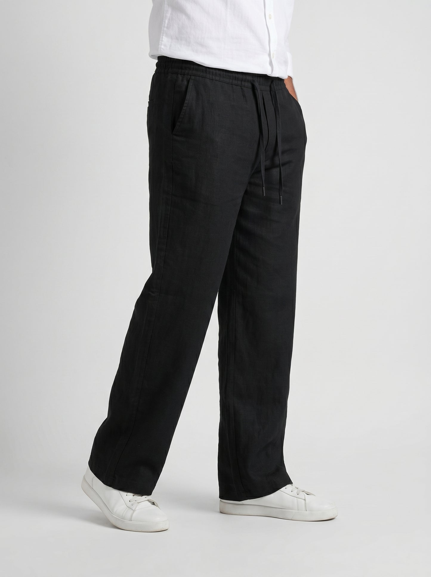 Black linen-cotton drawstring pants, relaxed fit, side pockets and wide legs