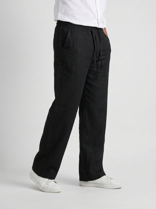 Black linen-cotton drawstring pants, relaxed fit, side pockets and wide legs