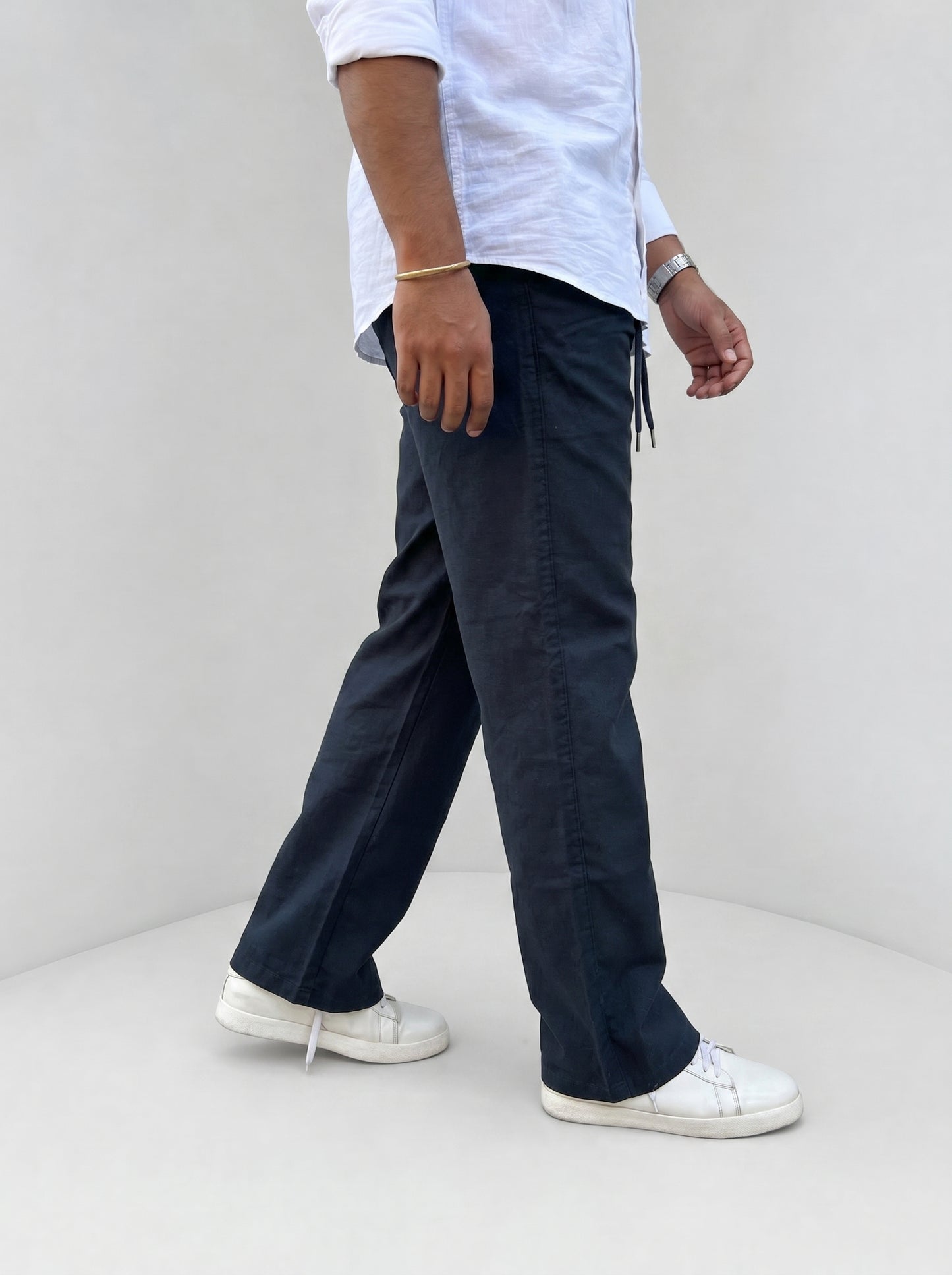 Navy drawstring pants in linen-cotton, relaxed straight leg, side view