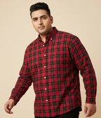 Plus size red and black buffalo check cotton shirt, front view, button-up design