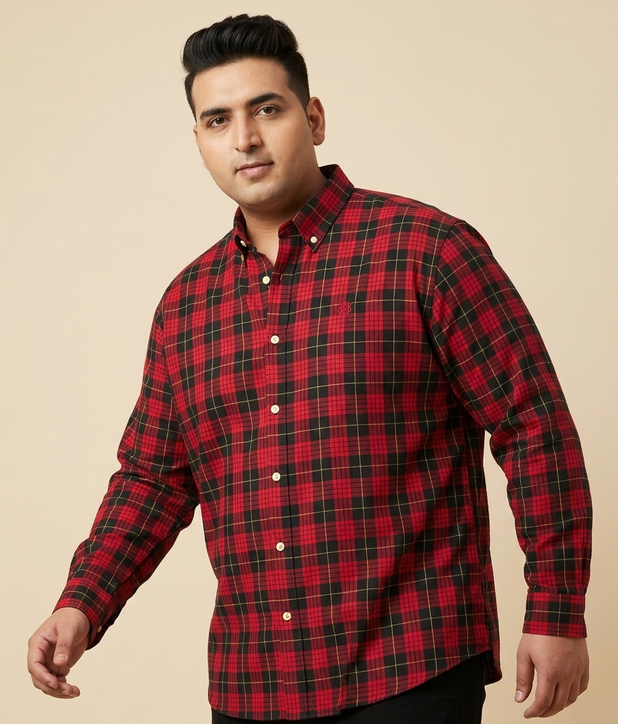 Plus size red and black buffalo check cotton shirt, front view, button-up design