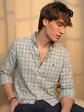 Green-blue oxford check button-down shirt, chest logo on left