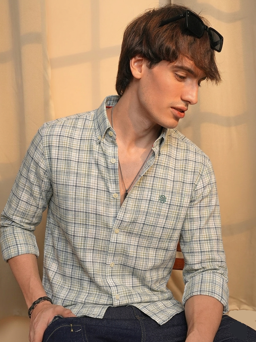 Green-blue oxford check button-down shirt, chest logo on left
