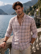 Pink oxford check button-up shirt with open collar, long sleeves, and chest pocket