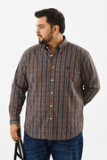 Mustard & navy multi-check button-up shirt, full-front view
