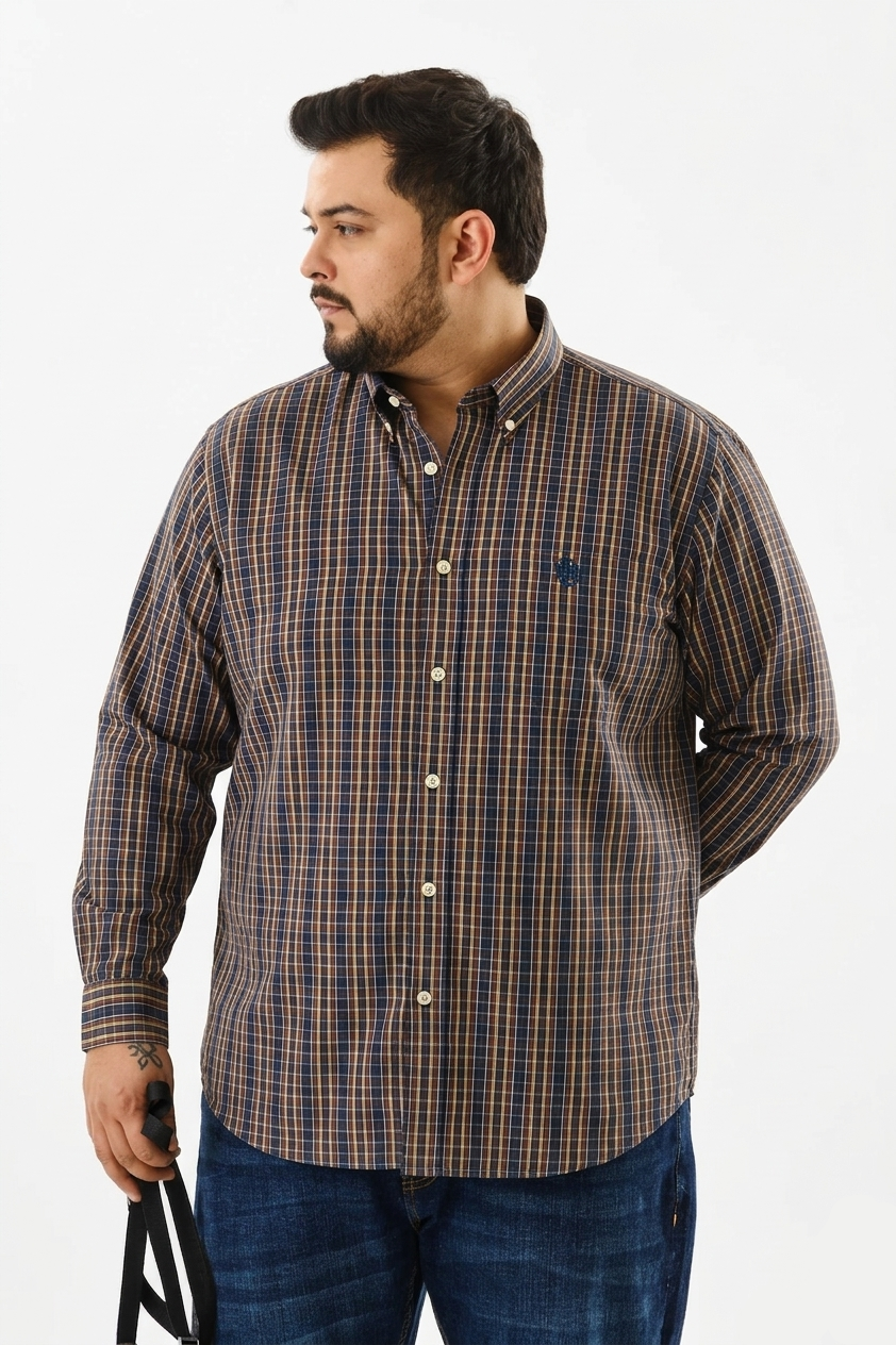 Mustard & navy multi-check button-up shirt, full-front view