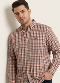 Brown, orange, and white plaid button-up shirt with long sleeves and chest pocket