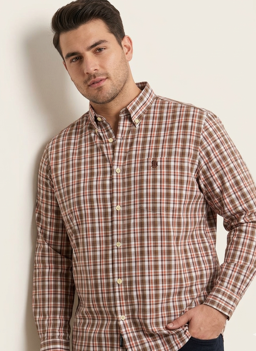 Brown, orange, and white plaid button-up shirt with long sleeves and chest pocket