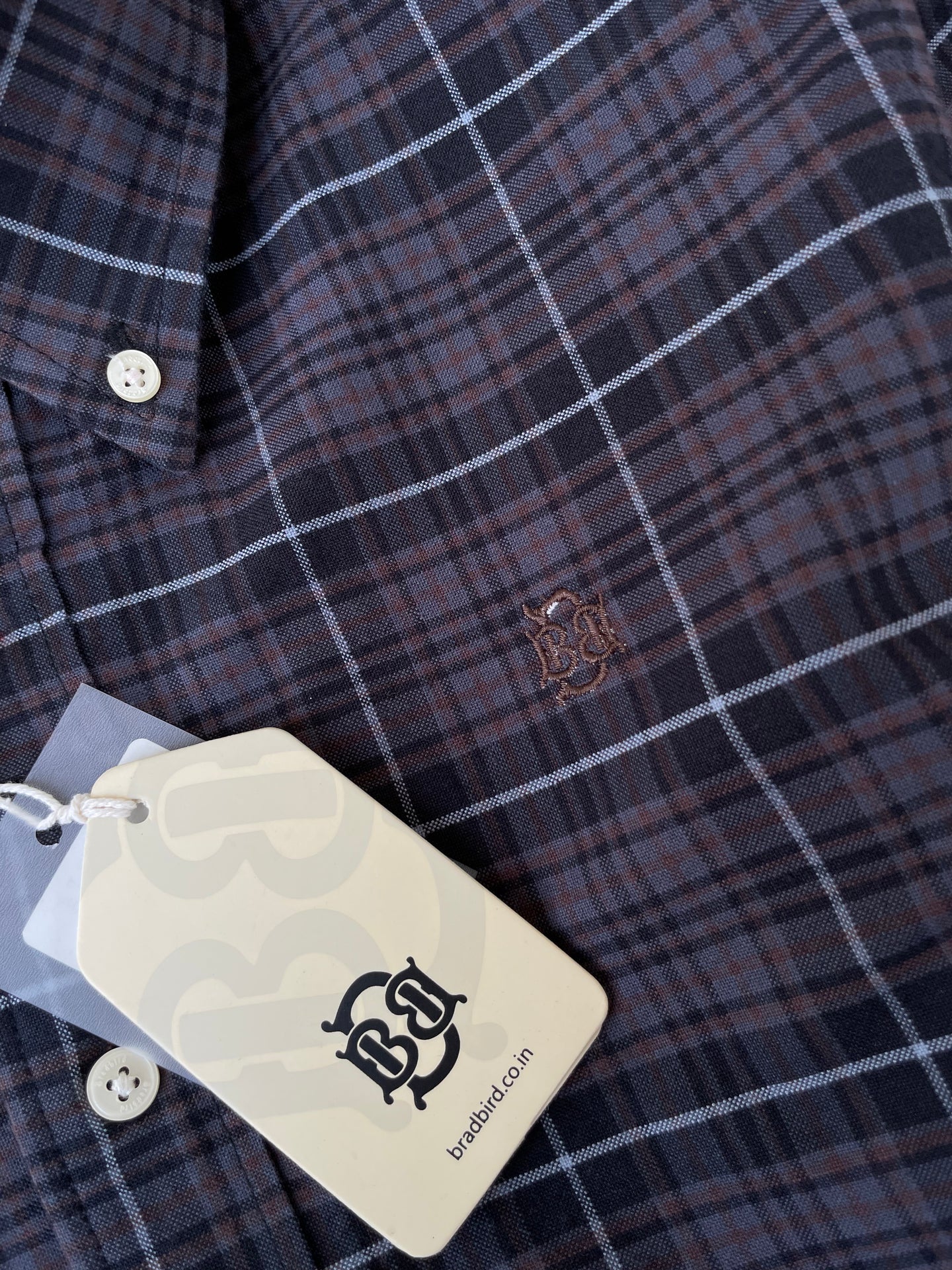 Oxford check shirt close-up: chest logo stitch, white buttons, dark plaid