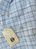 Green-blue and green plaid oxford check shirt close-up with hang tag