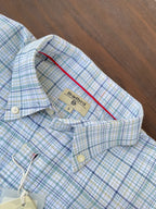 Green-blue plaid oxford shirt collar with size tag and red inner trim