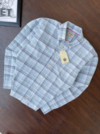 Folded mint-blue oxford check button-up shirt with collar and hanging tag