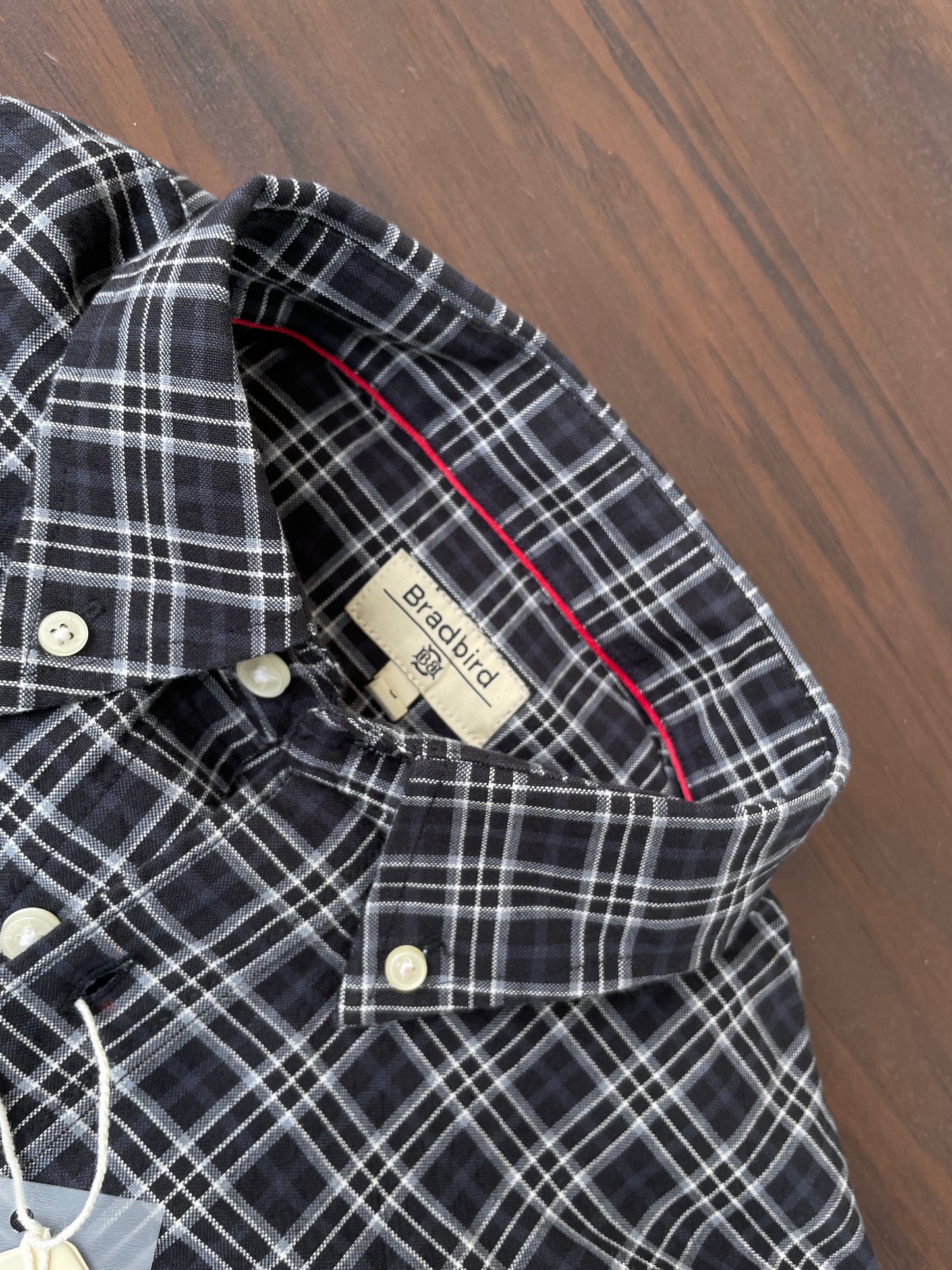 Close-up of dark plaid shirt collar with white check lines and button placket