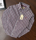Red and green plaid oxford button-up shirt with button placket and collar