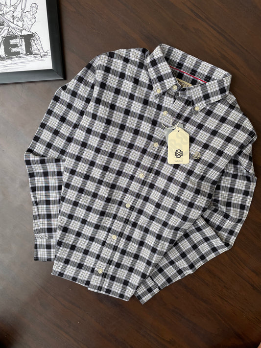 Black-and-beige plaid men’s Oxford shirt on hanger, button front, long sleeves