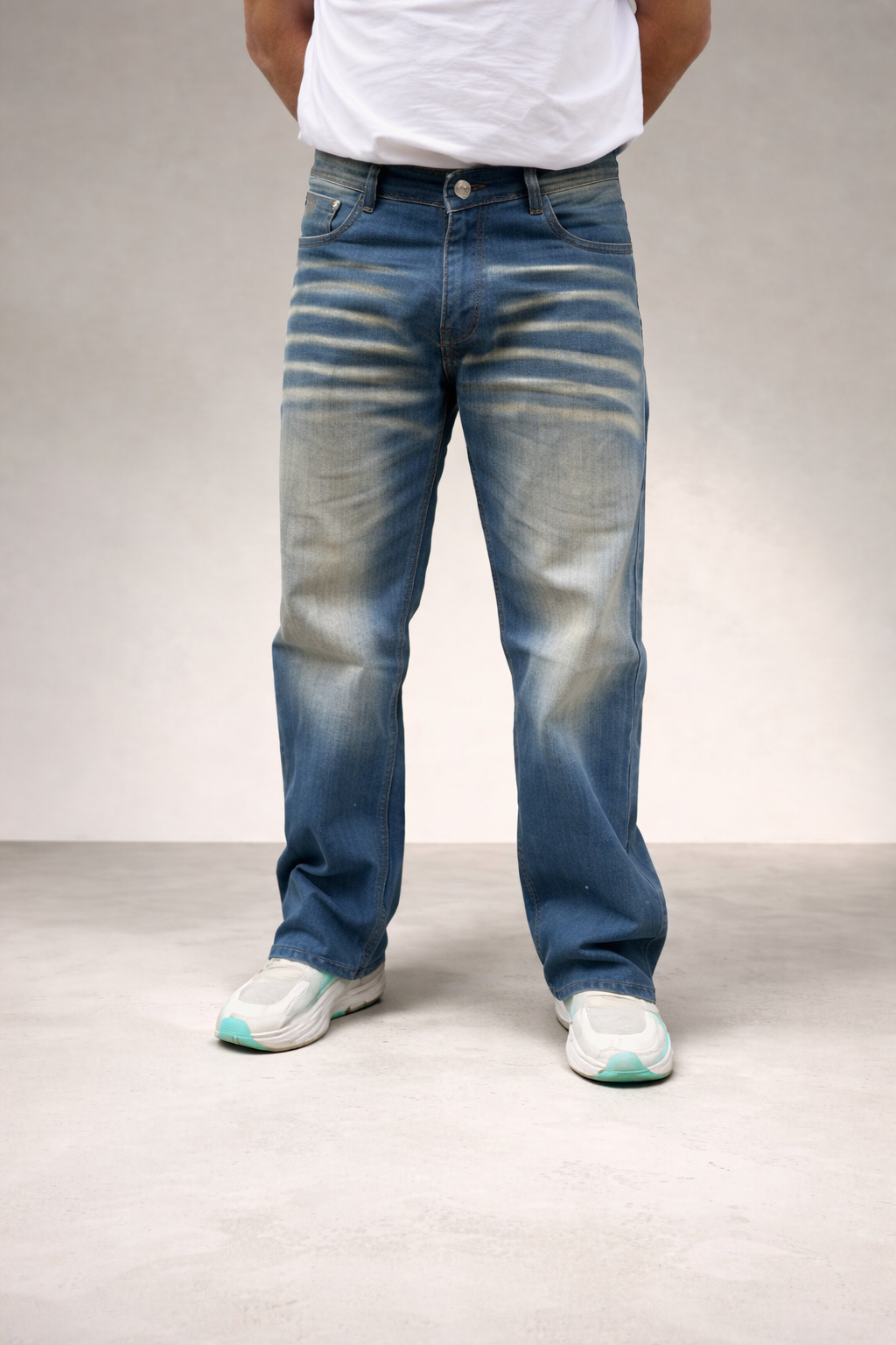 Straight-fit jeans full view, medium indigo wash with subtle fading and belt loops