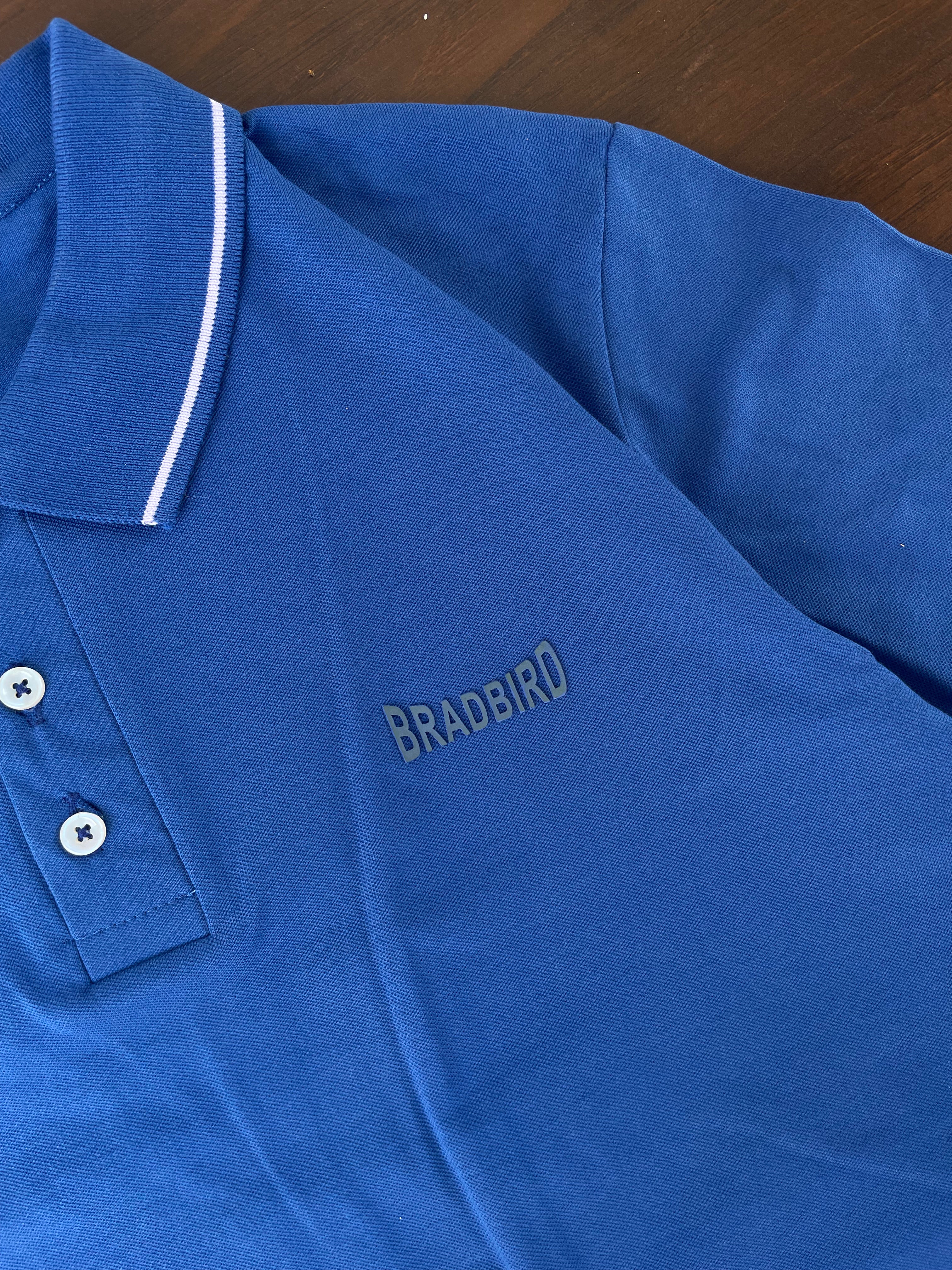 Blue polo shirt close-up of button placket and Bradbird chest logo