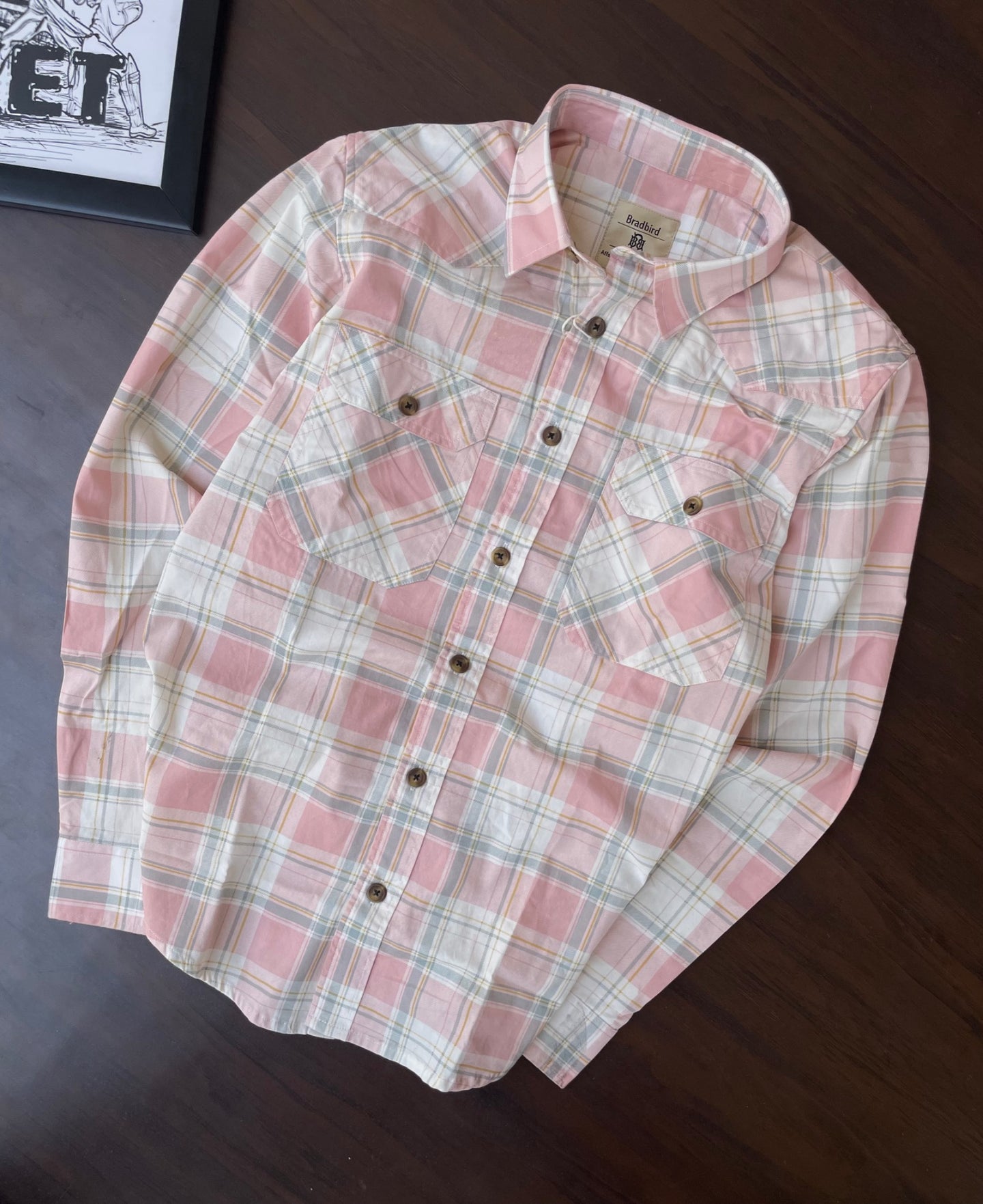 Dusty pink plaid western shirt, button-up front with two chest pockets and collar
