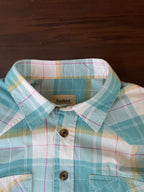 Aqua turquoise plaid western shirt collar with button placket