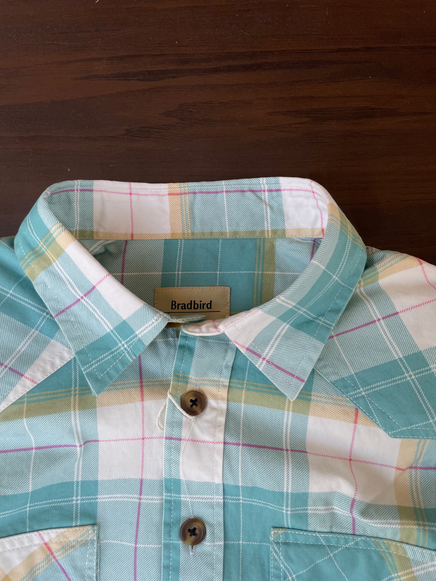 Aqua turquoise plaid western shirt collar with button placket