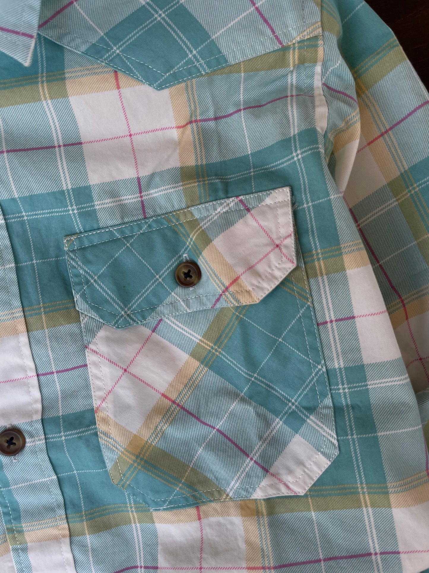 Aqua turquoise plaid shirt front pocket with snap button
