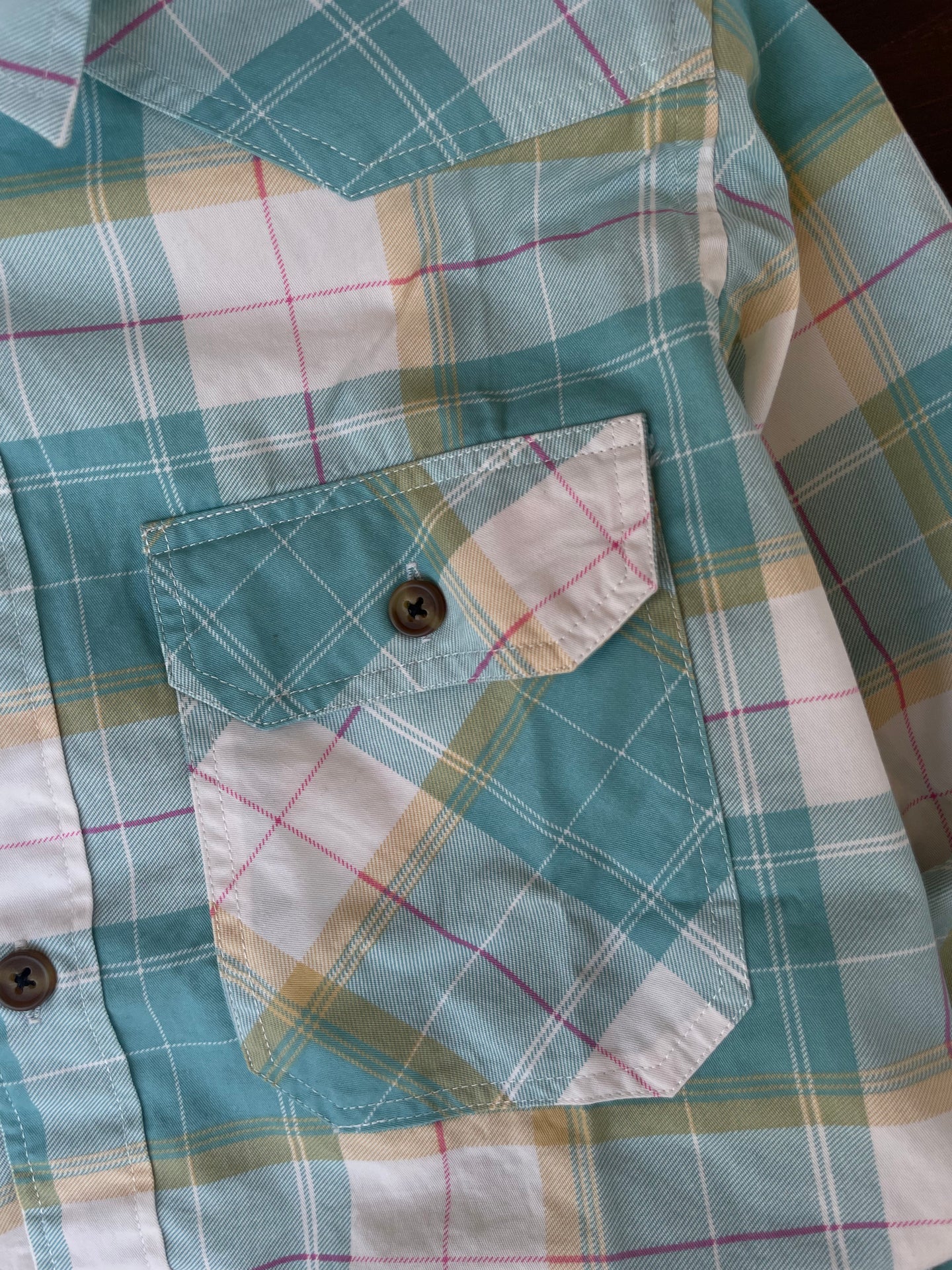 Aqua turquoise plaid shirt front pocket with snap button