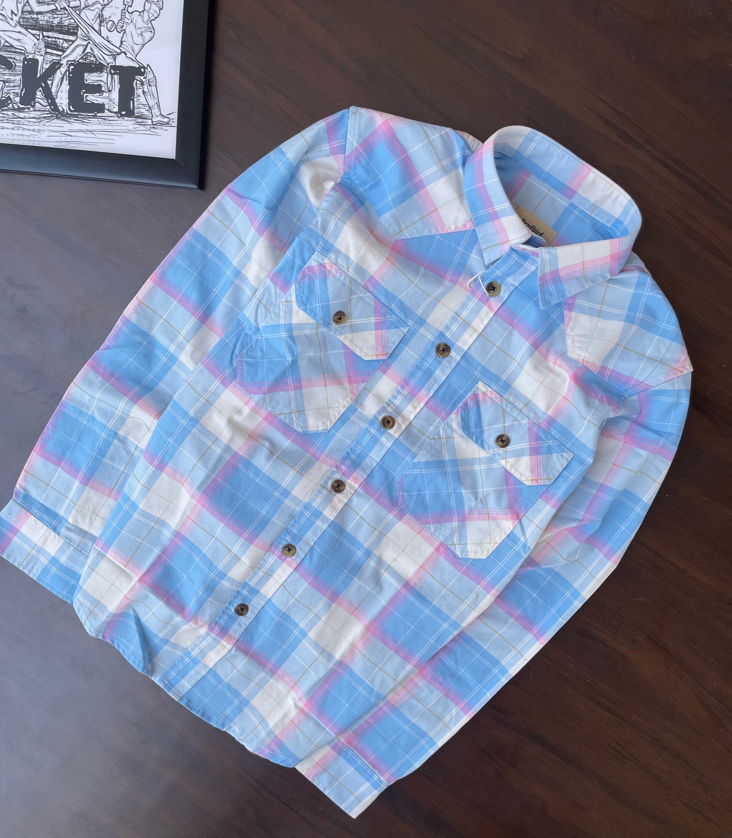 Sky blue plaid western shirt with candy pink accents, button-front, two chest pockets