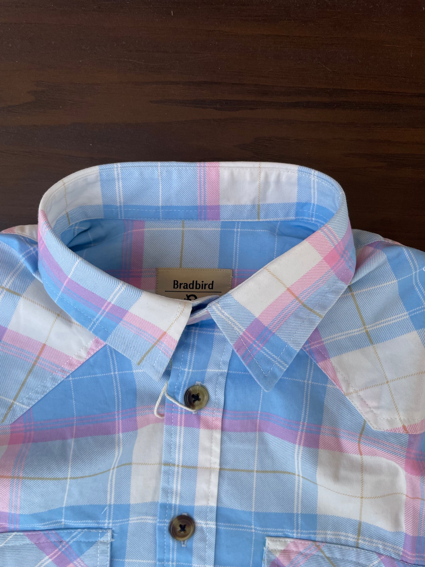 Western shirt collar and buttons, sky blue plaid with candy pink lines