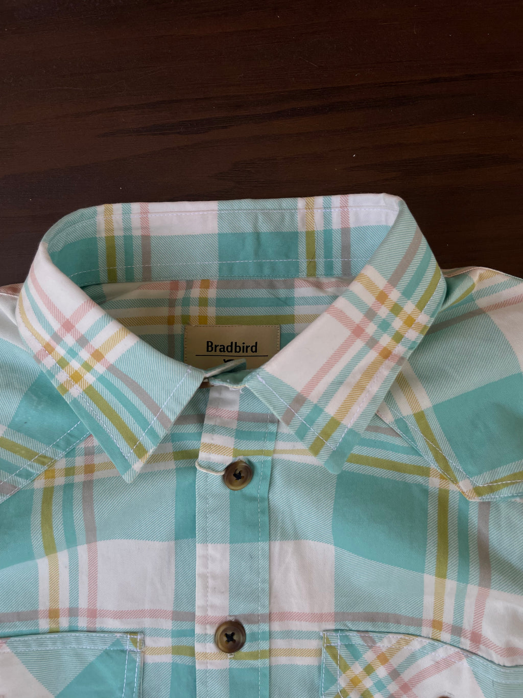 Mint plaid western shirt collar with button front; inner neckline label