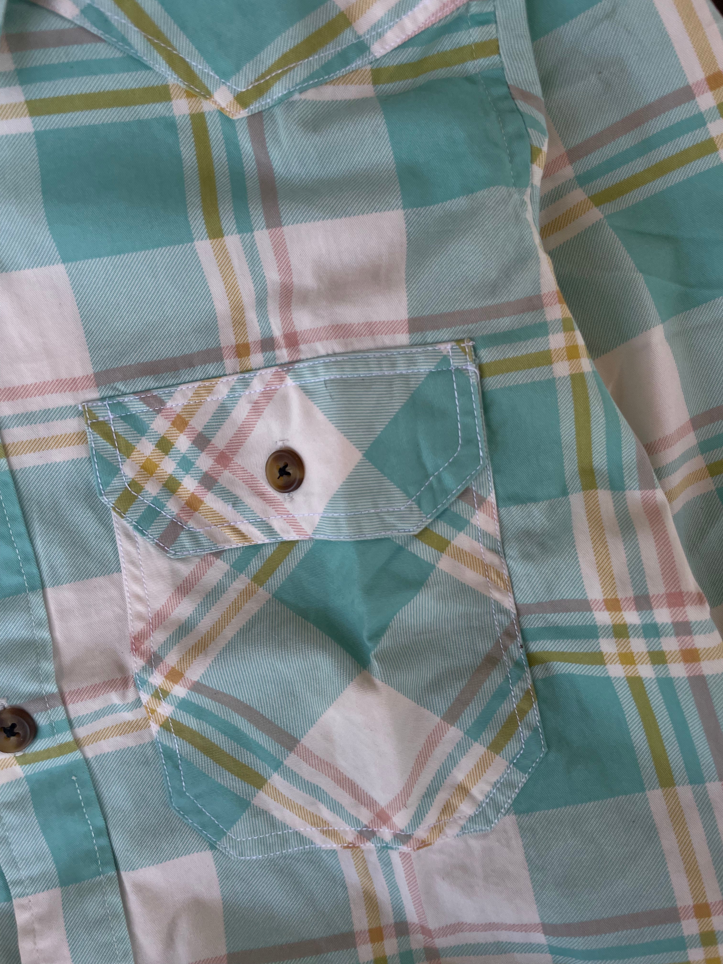 Mint seafoam plaid shirt chest pocket with pointed flap and button