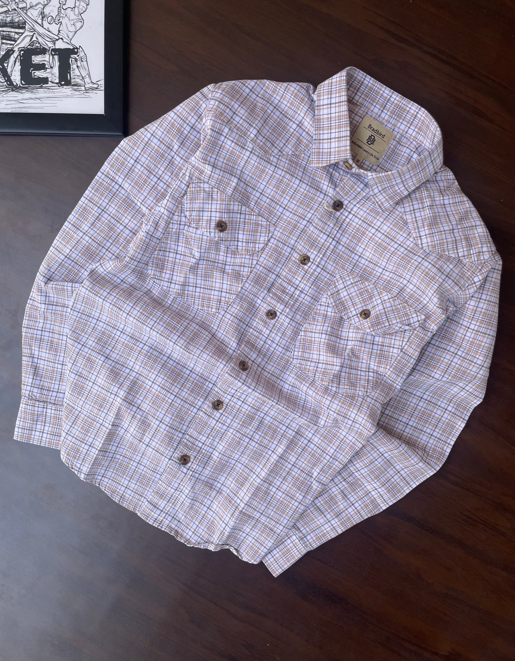 Brown and beige small-check long-sleeve shirt, button-front with two chest pockets