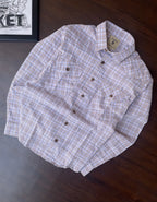 Brown and beige small-check long-sleeve shirt, button-front with two chest pockets