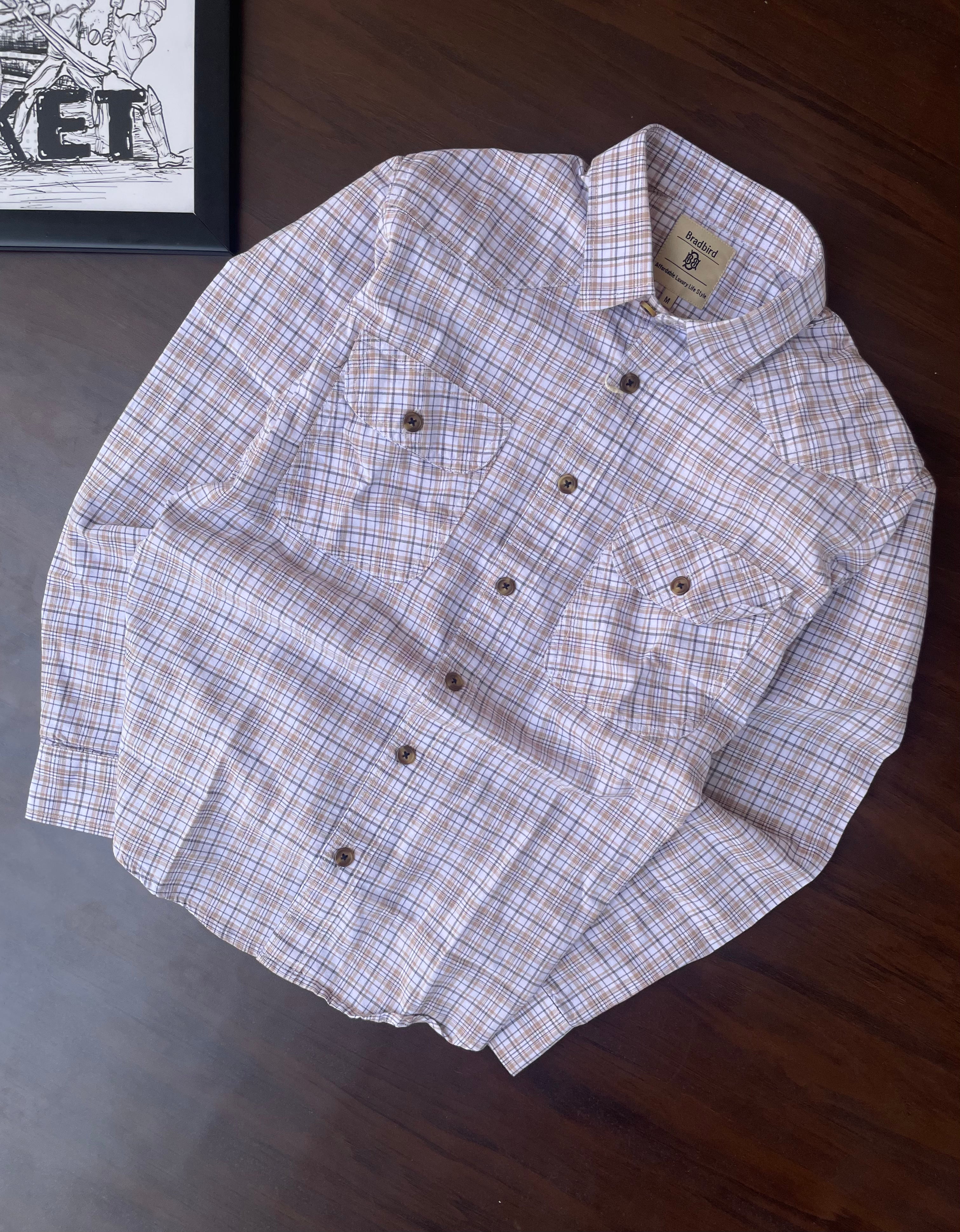 Brown and beige small-check long-sleeve shirt, button-front with two chest pockets