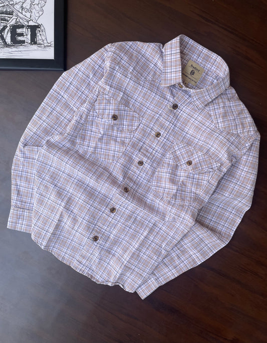 Brown and Beige Small Checks Double Pocket Shirt for Men - Cotton, Long Sleeve