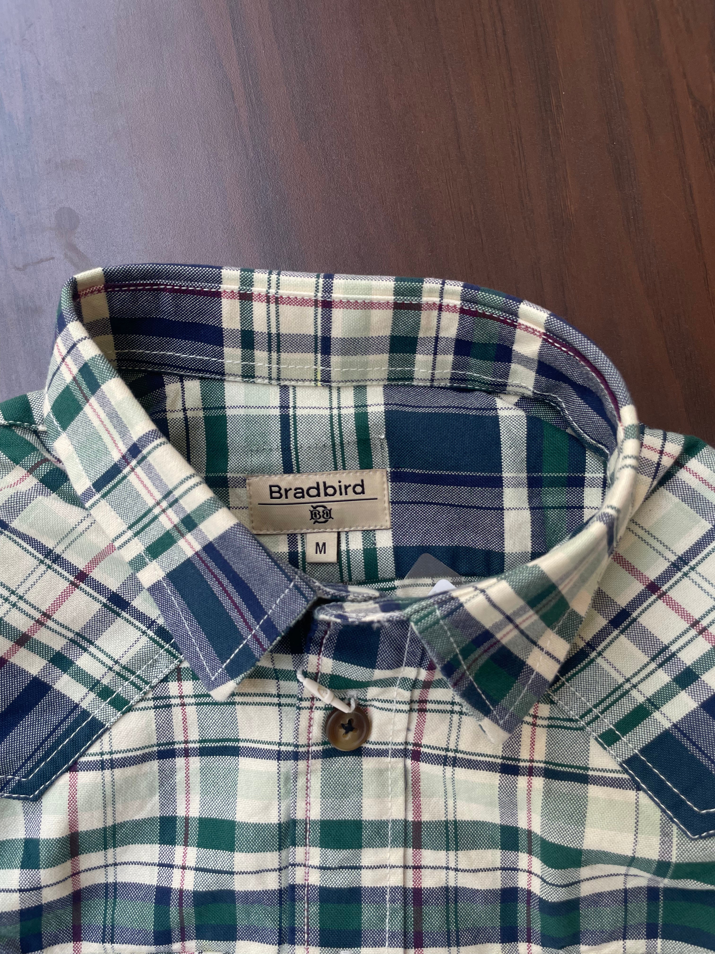 Green and navy plaid button-up cotton shirt, M size label at collar