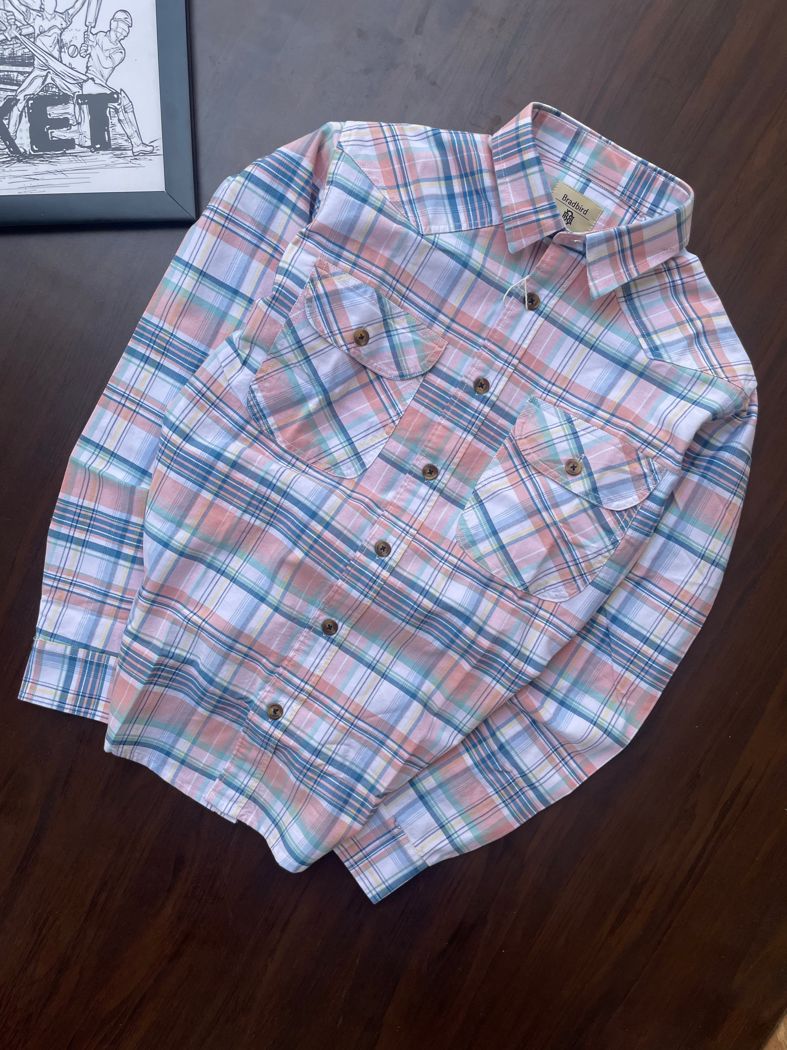 Pastel plaid button-down shirt, point collar, flap chest pockets