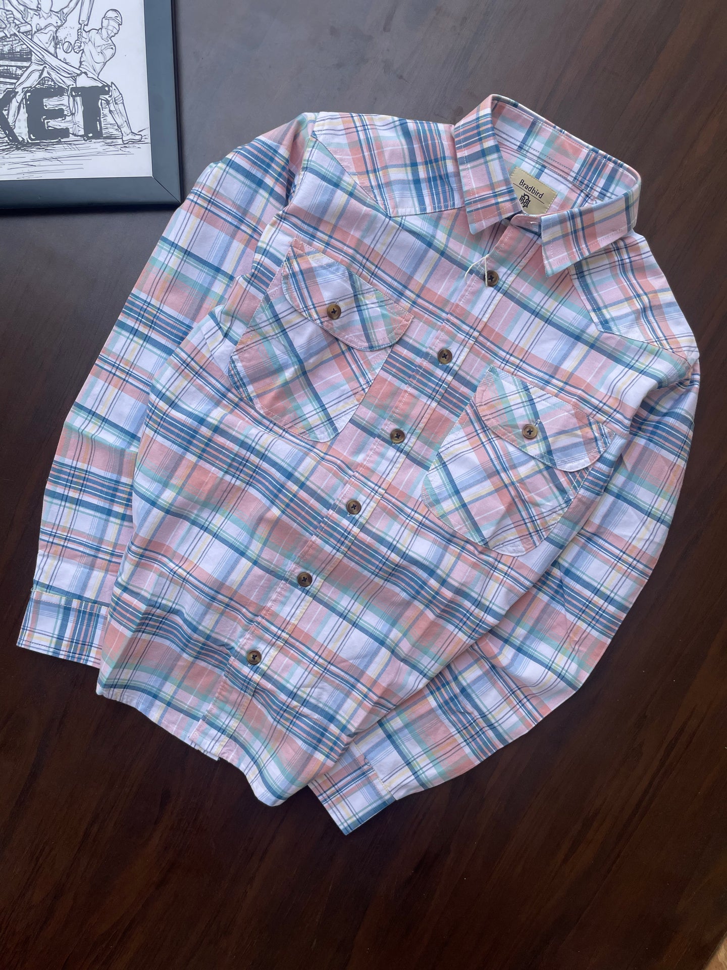 Pastel plaid button-down shirt, point collar, flap chest pockets