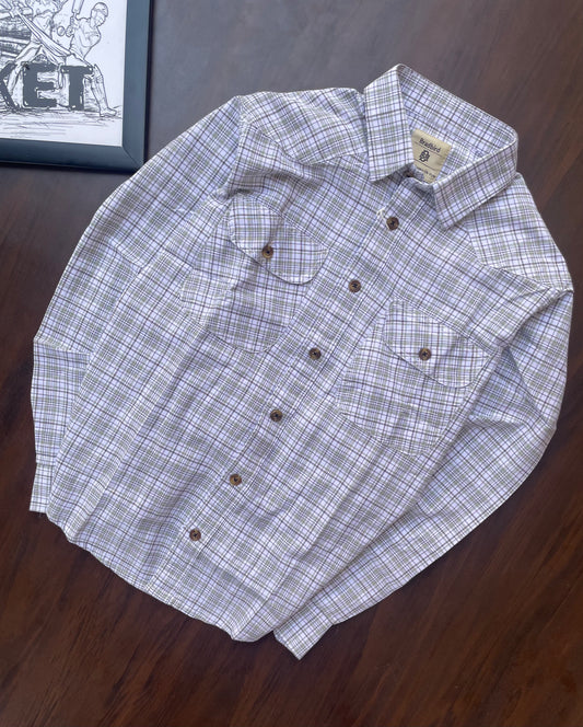 White with Grey and Brown Grid Checks Double Pocket Shirt for Men