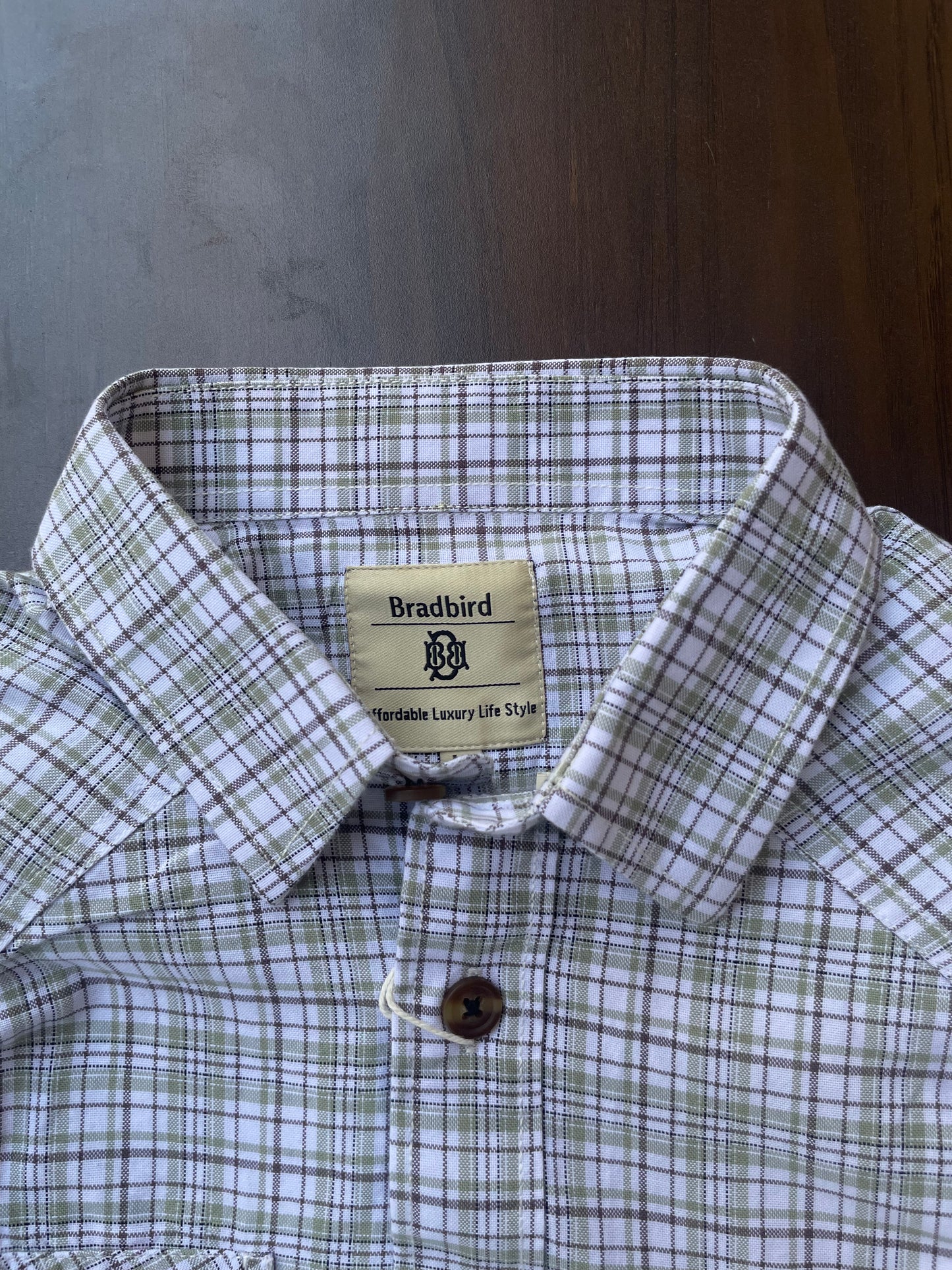 Plaid dress shirt neckline and front buttons, white with blue-grey and green checks