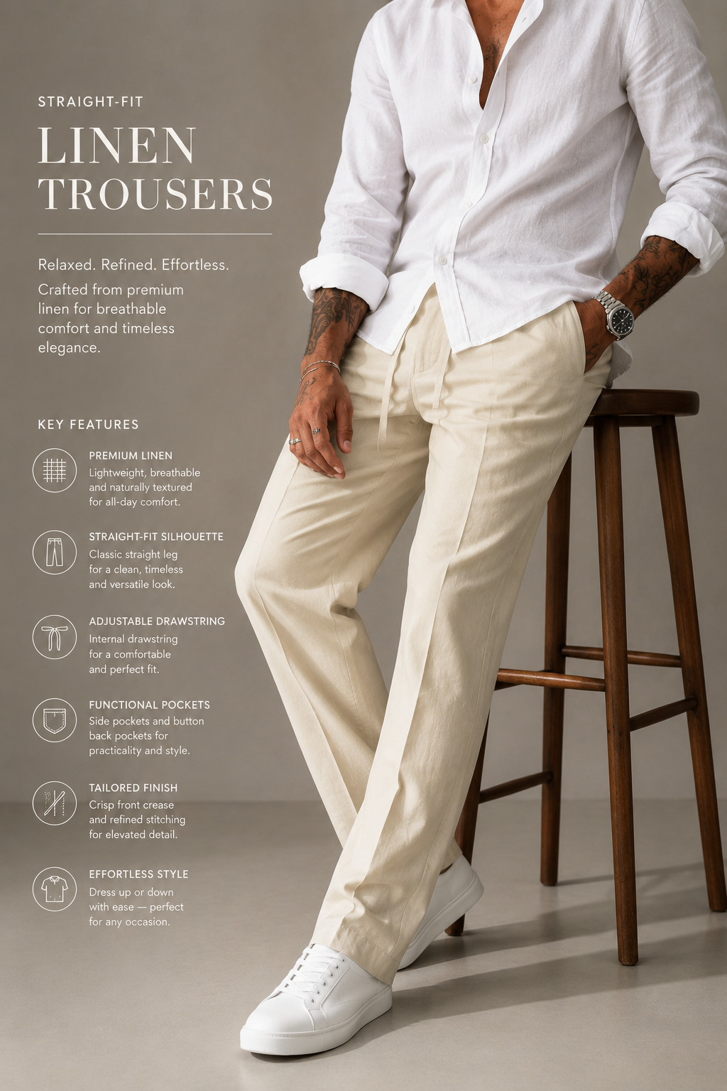 Elegant Light Cream Structured Straight Fit Linen Trousers