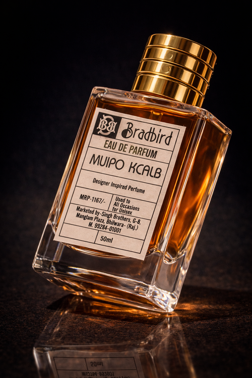 Muipo Kcalb Eau de Parfum 50ml glass bottle, angled with gold cap