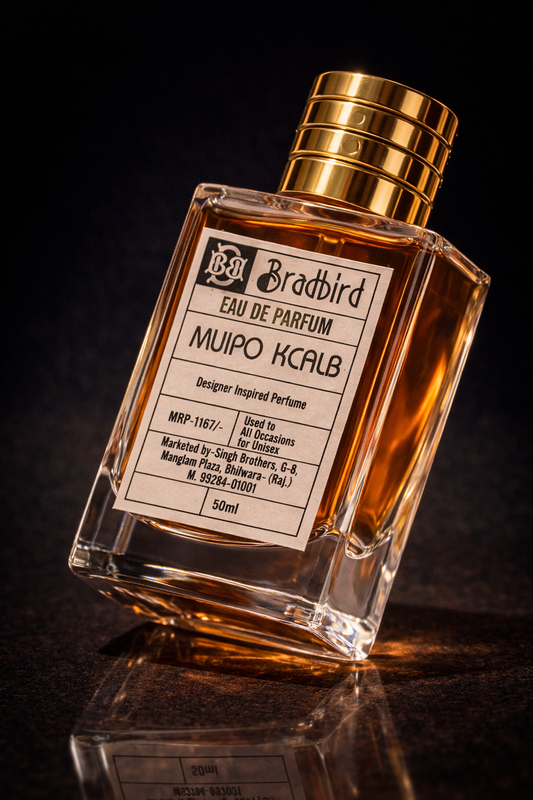 Muipo Kcalb Eau de Parfum 50ml glass bottle, angled with gold cap