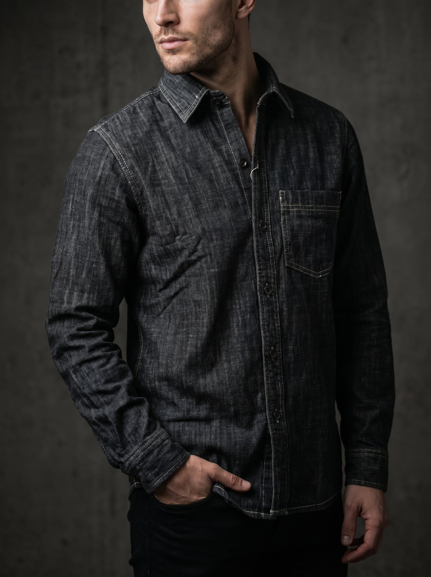 Deep grey denim shirt on model; button front and chest pocket with high-contrast stitching