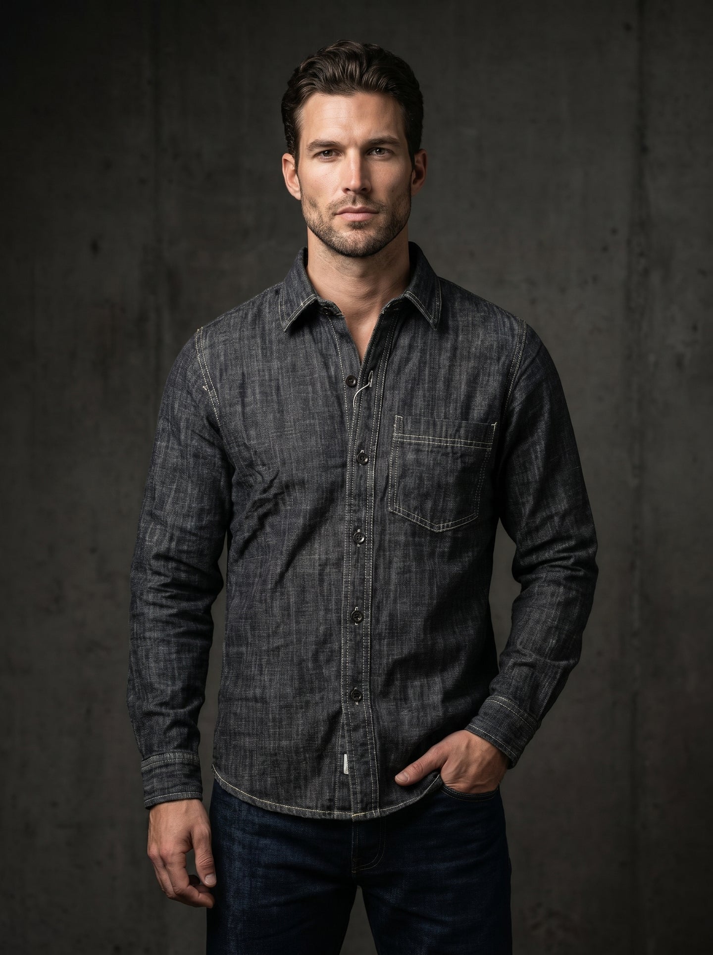 Deep grey denim shirt with button front, pointed collar, chest pocket, contrast stitching