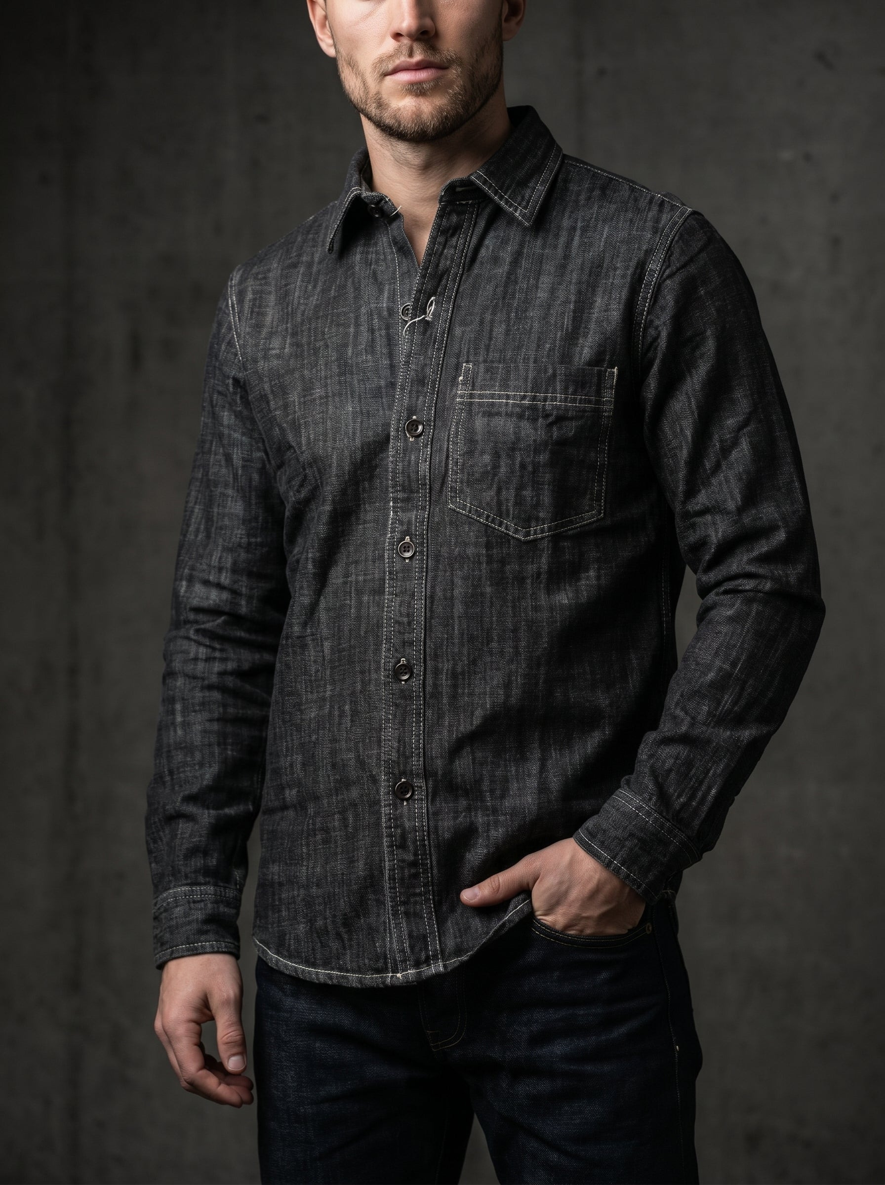 Deep grey denim shirt on model; button front and chest pocket with contrast trim stitching