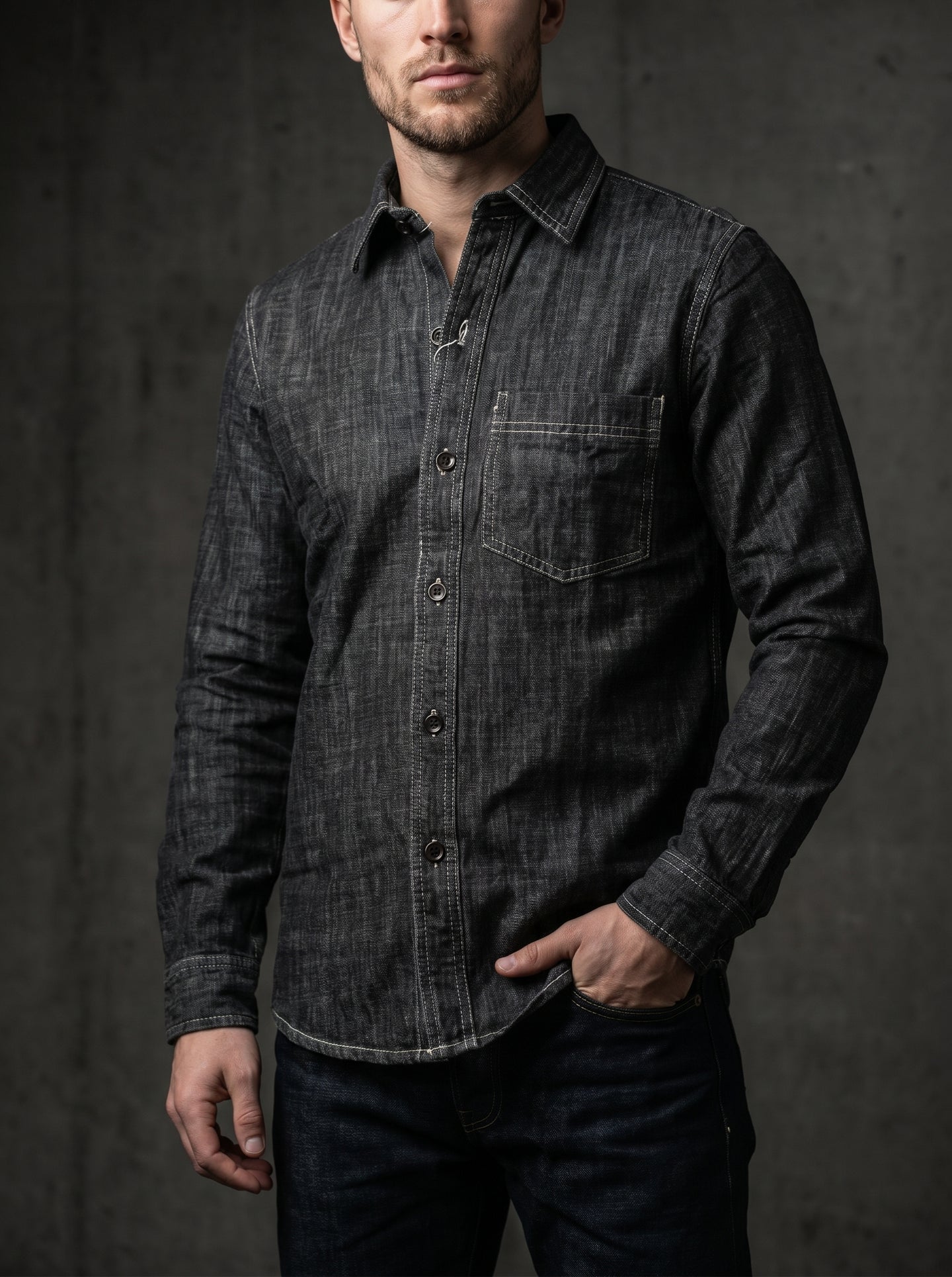 Deep grey denim shirt on model; button front and chest pocket with contrast trim stitching